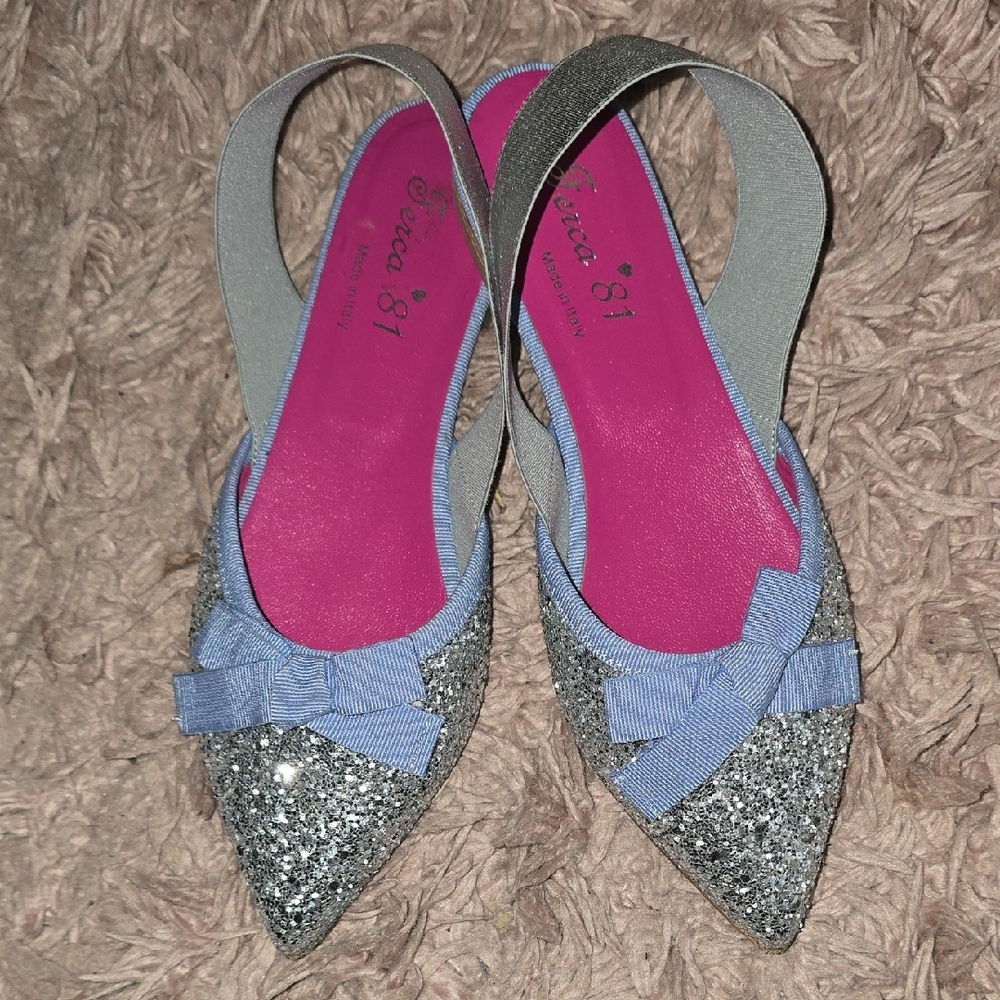 Ferca 81 Silver Glitter Pointed Slingback Flats - Pink Insole